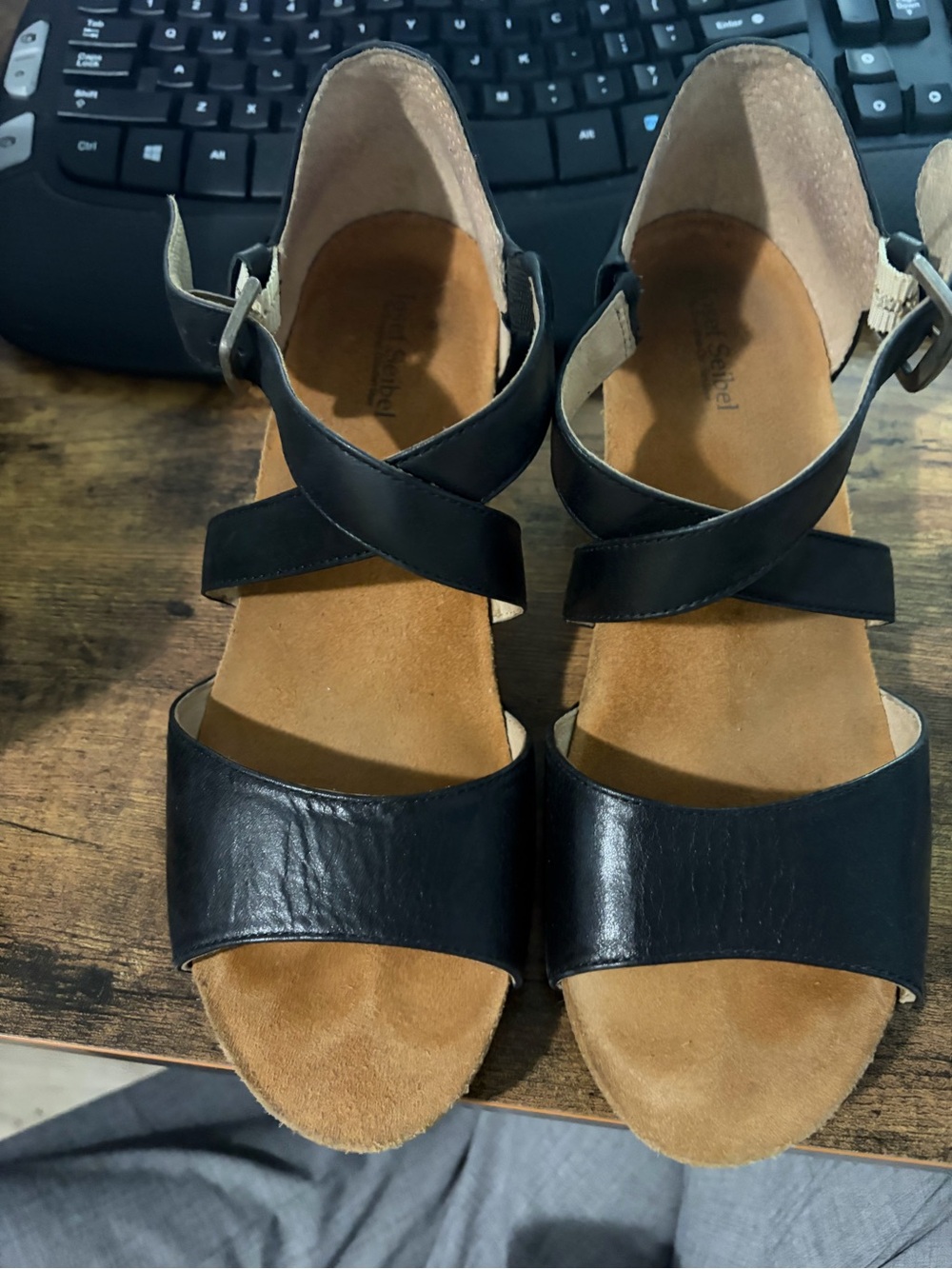 Josef Seibel Black Leather Crisscross Sandals with Buckle